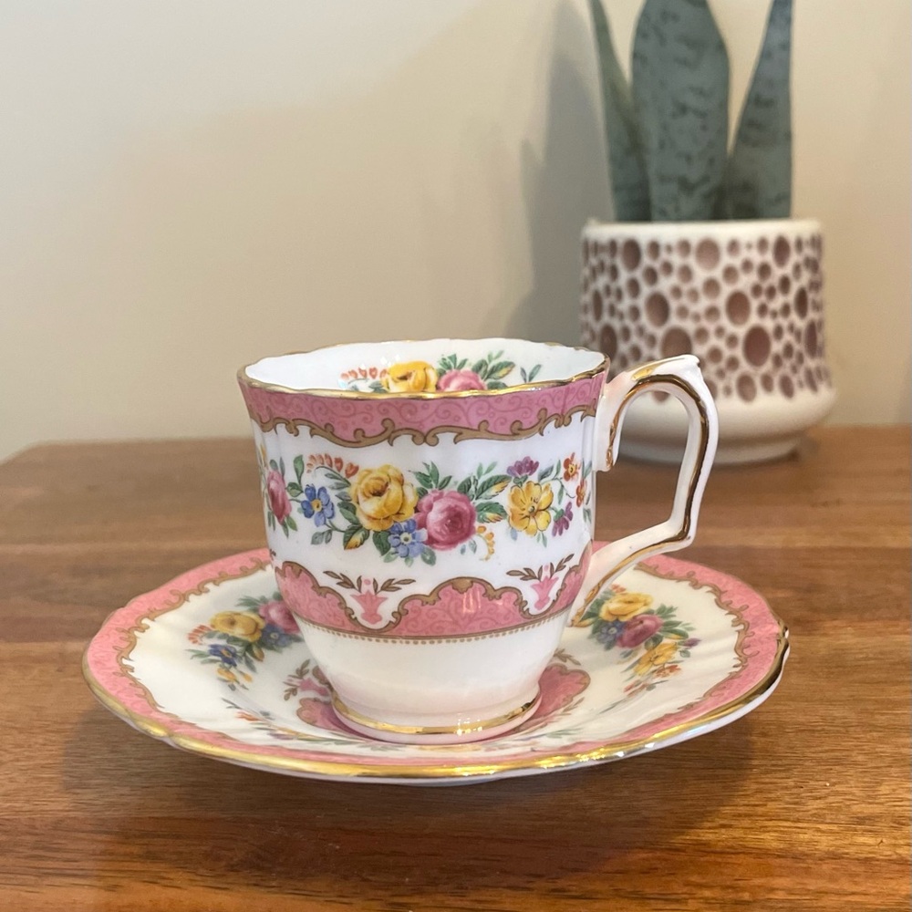 Vintage Crown Staffordshire England Floral Teacup and Saucer Fine Bone China